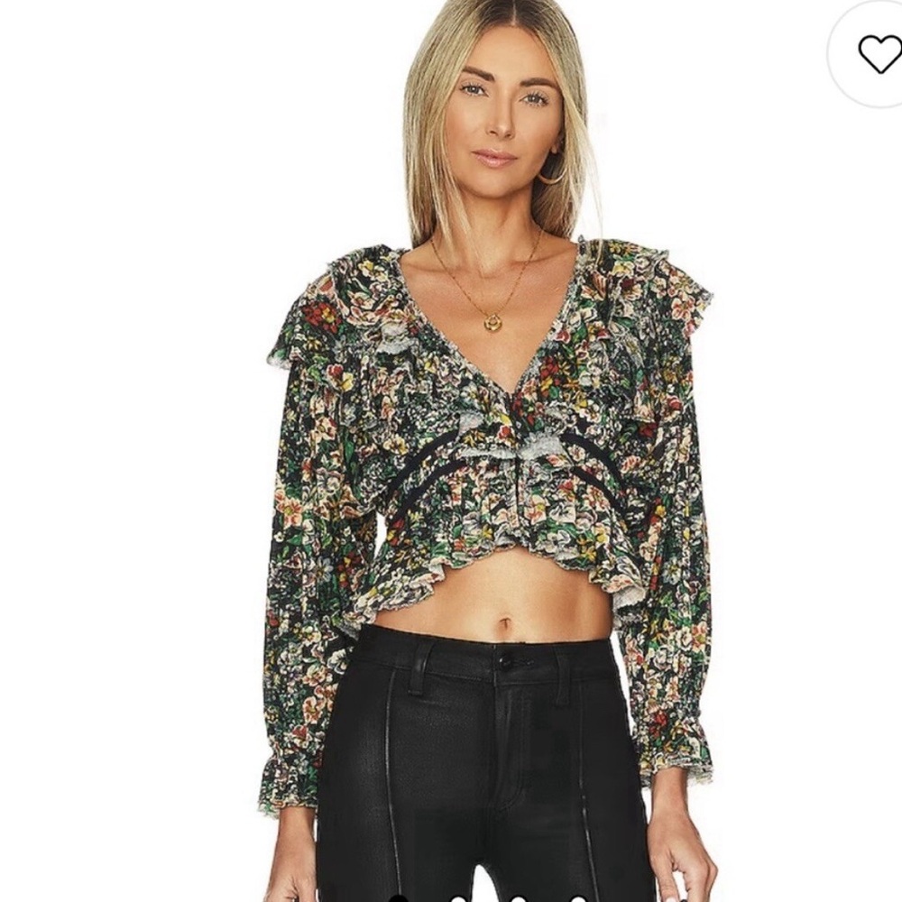 Free People Rudi Ruffle Blouse Black lNight Garden Floral Boho Crop